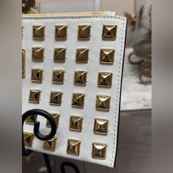 Michael Kors White and Gold Studded Large Clutch Wristlet Wallet AUTHENTIC - Picture 6 of 8